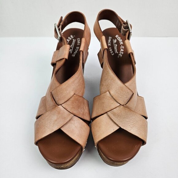 Kork-Ease Constance Braided Leather Wood Platform Heel Sandal Tan/Pink 9 K17316 - Picture 3 of 12